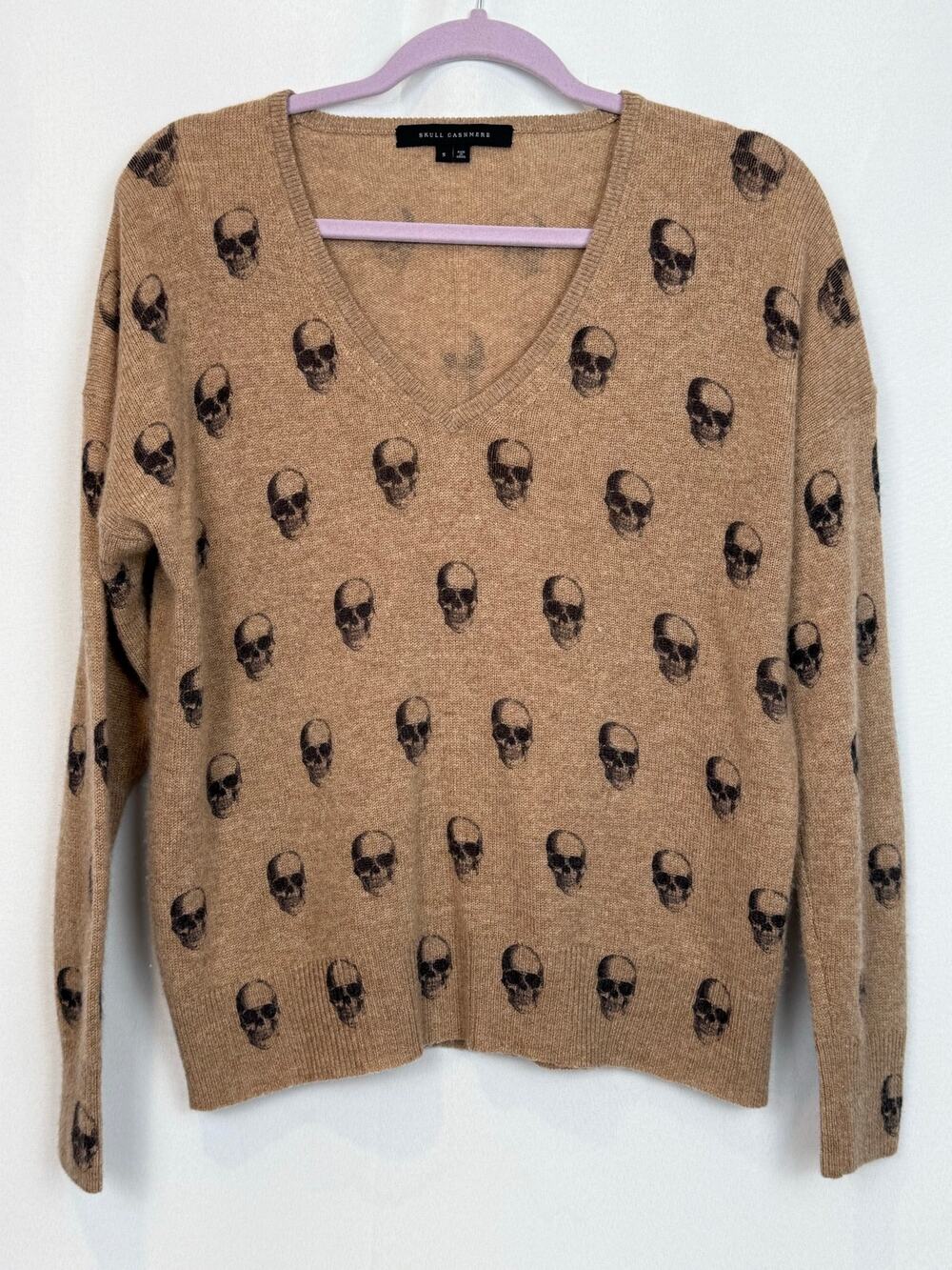 Skull Cashmere Womens Cashmere Skull Print V Neck Sweater Size S Camel Rocker